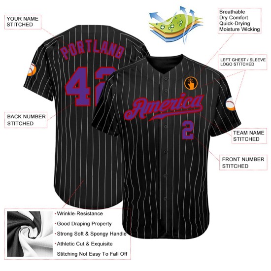 Maglia da baseball personalizzata nera grigia a righe viola-rosse autentica Maglia da baseball personalizzata nera grigia a righe viola-rosse autentica