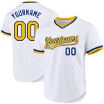 Maglia da baseball personalizzata bianca retrò, autentica, oro-blu Maglia da baseball personalizzata bianca retrò, autentica, oro-blu