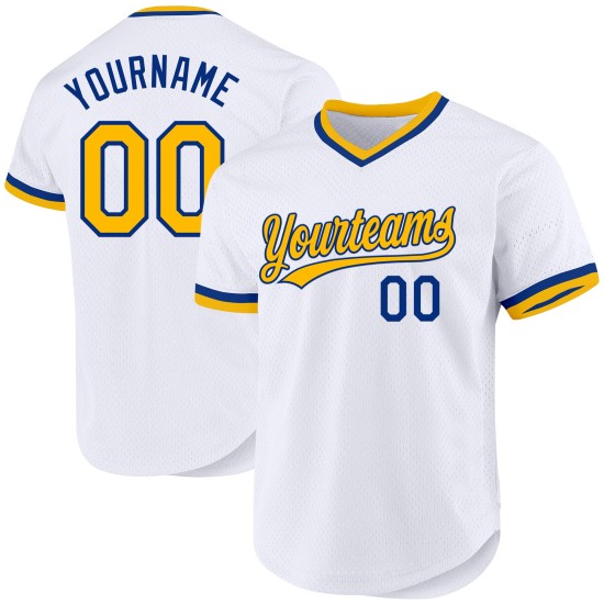 Maglia da baseball personalizzata bianca retrò, autentica, oro-blu Maglia da baseball personalizzata bianca retrò, autentica, oro-blu