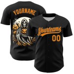 Maglia da baseball personalizzata grigio-arancio-acciaio Halloween autentica nera 3D Bay Maglia da baseball personalizzata grigio-arancio-acciaio Halloween autentica nera 3D Bay