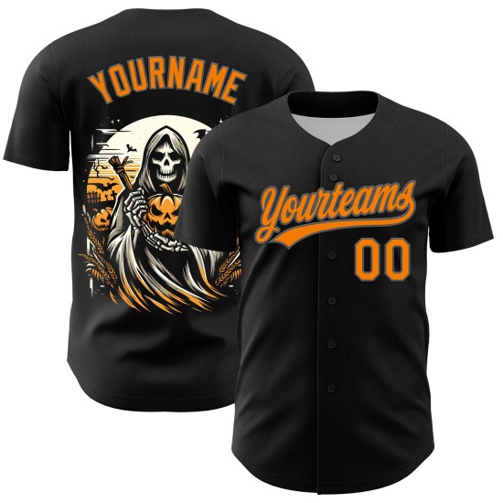 Maglia da baseball personalizzata grigio-arancio-acciaio Halloween autentica nera 3D Bay Maglia da baseball personalizzata grigio-arancio-acciaio Halloween autentica nera 3D Bay
