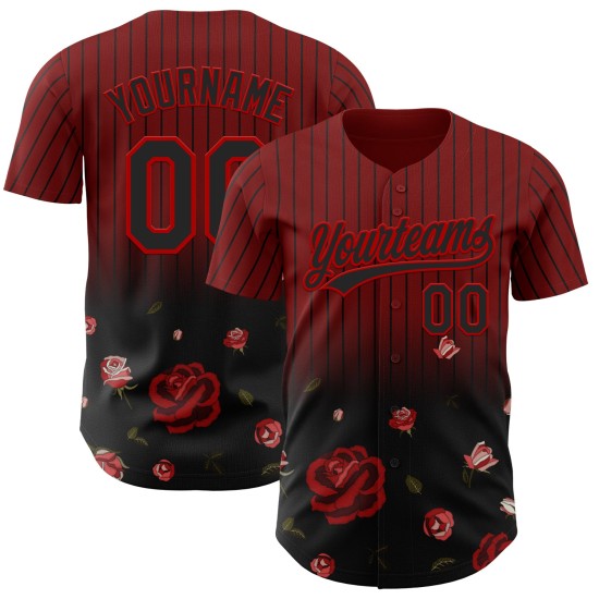 Maglia da baseball autentica nera e rossa gotica con motivo a rosa 3D, design cremisi personalizzato Maglia da baseball autentica nera e rossa gotica con motivo a rosa 3D, design cremisi personalizzato