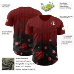 Maglia da baseball autentica nera e rossa gotica con motivo a rosa 3D, design cremisi personalizzato Maglia da baseball autentica nera e rossa gotica con motivo a rosa 3D, design cremisi personalizzato