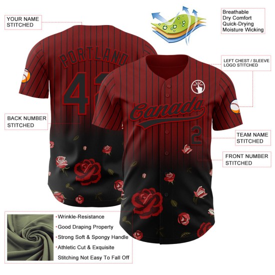 Maglia da baseball autentica nera e rossa gotica con motivo a rosa 3D, design cremisi personalizzato Maglia da baseball autentica nera e rossa gotica con motivo a rosa 3D, design cremisi personalizzato