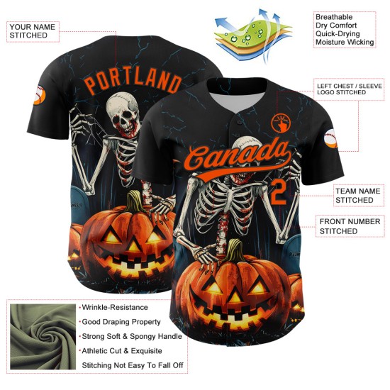 Maglia da baseball 3D arancione personalizzata nera autentica di Halloween Maglia da baseball 3D arancione personalizzata nera autentica di Halloween