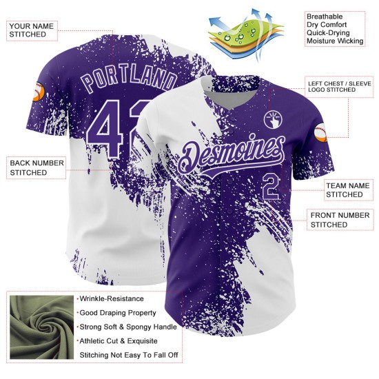 Modello viola 3D Jersey tratto pennello personalizzato disegno astratto bianco autentico baseball Modello viola 3D Jersey tratto pennello personalizzato disegno astratto bianco autentico baseball