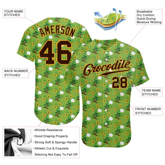 Maglia da baseball di San Patrizio, design personalizzato autentico 3D, verde, motivo marrone-oro neon Maglia da baseball di San Patrizio, design personalizzato autentico 3D, verde, motivo marrone-oro neon