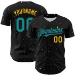 Maglia da baseball personalizzata con motivo a coriandoli neri, autentica in 3D, verde acqua e oro Maglia da baseball personalizzata con motivo a coriandoli neri, autentica in 3D, verde acqua e oro