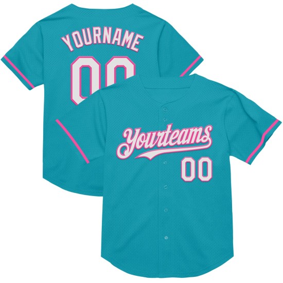 Maglia da baseball in rete verde acqua, personalizzata, autentica, bianca e rosa Maglia da baseball in rete verde acqua, personalizzata, autentica, bianca e rosa