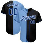 Maglia da baseball personalizzata autentica Royal-Light, nera e blu, stile Split Maglia da baseball personalizzata autentica Royal-Light, nera e blu, stile Split