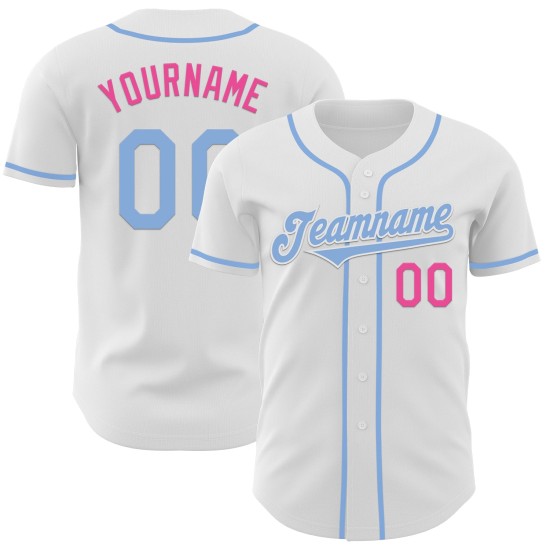 Maglia da baseball personalizzata autentica, bianca, azzurra e rosa Maglia da baseball personalizzata autentica, bianca, azzurra e rosa