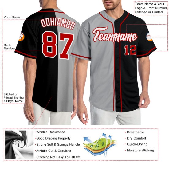 Maglia da baseball personalizzata nera divisa autentica rosso-grigia Maglia da baseball personalizzata nera divisa autentica rosso-grigia