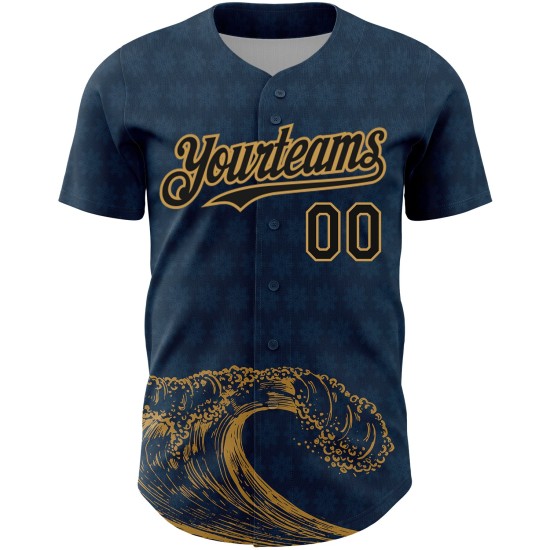 Maglia da baseball personalizzata con motivo a onde color oro, blu navy, design USA autentico 3D, nera e blu antico Maglia da baseball personalizzata con motivo a onde color oro, blu navy, design USA autentico 3D, nera e blu antico