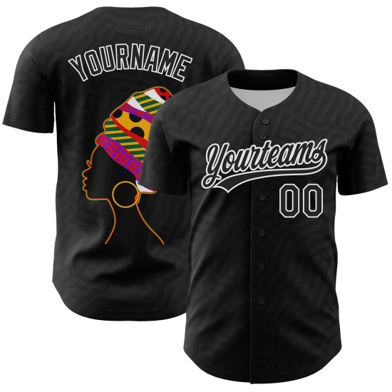 Maglia da baseball nera con motivo 3D personalizzato, storia autentica, mese bianco e nero Maglia da baseball nera con motivo 3D personalizzato, storia autentica, mese bianco e nero