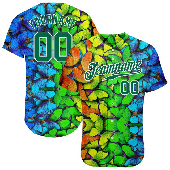 Maglia da baseball multicolore con motivo 3D personalizzata Kelly Design Royal Authentic Green-White Butterflies Maglia da baseball multicolore con motivo 3D personalizzata Kelly Design Royal Authentic Green-White Butterflies