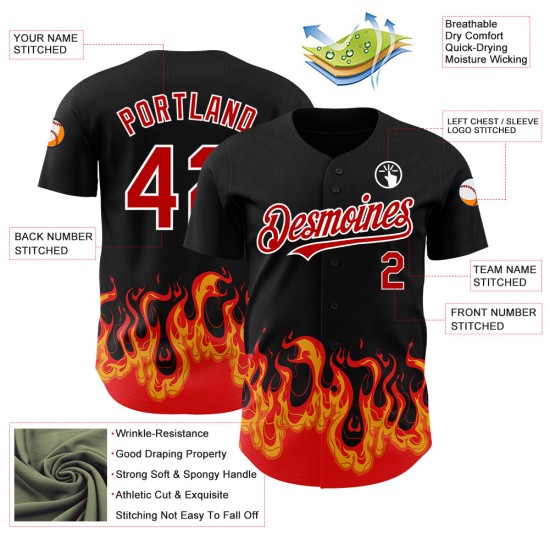 Maglia da baseball personalizzata con motivo 3D nero fiamma autentico rosso-bianco Maglia da baseball personalizzata con motivo 3D nero fiamma autentico rosso-bianco
