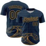 Maglia da baseball personalizzata con motivo a onde color oro, blu navy, design USA autentico 3D, nera e blu antico Maglia da baseball personalizzata con motivo a onde color oro, blu navy, design USA autentico 3D, nera e blu antico
