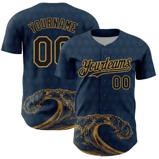 Maglia da baseball personalizzata con motivo a onde color oro, blu navy, design USA autentico 3D, nera e blu antico Maglia da baseball personalizzata con motivo a onde color oro, blu navy, design USA autentico 3D, nera e blu antico
