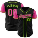 Maglia da baseball autentica personalizzata nera due rosa-verde neon Maglia da baseball autentica personalizzata nera due rosa-verde neon