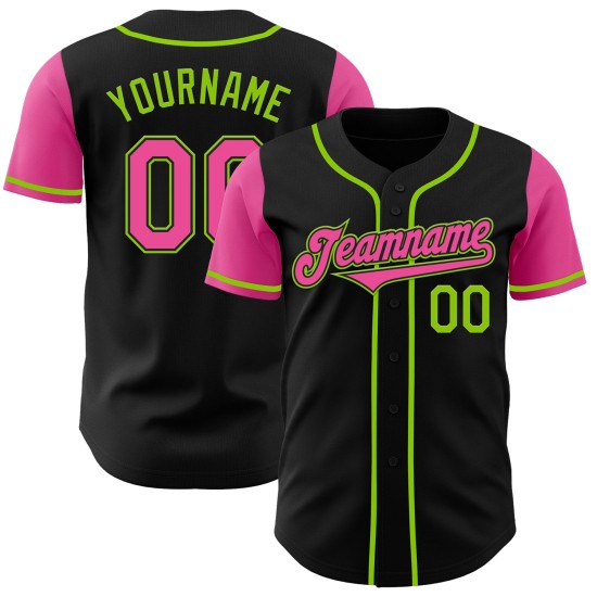 Maglia da baseball autentica personalizzata nera due rosa-verde neon Maglia da baseball autentica personalizzata nera due rosa-verde neon