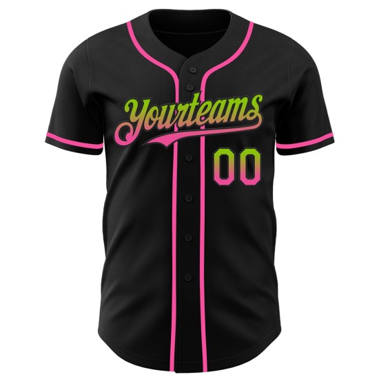 Maglia da baseball personalizzata nera neon sfumata verde-rosa, autentica moda Maglia da baseball personalizzata nera neon sfumata verde-rosa, autentica moda