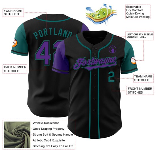 Maglia da baseball personalizzata Tone Authentic Two, viola-verde acqua, nera Maglia da baseball personalizzata Tone Authentic Two, viola-verde acqua, nera