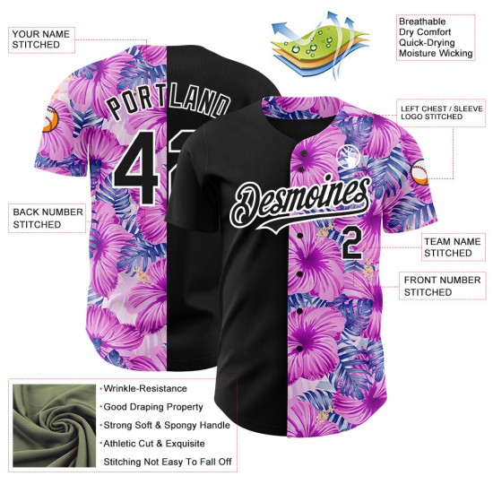 Maglia da baseball con motivo 3D, motivo Hawaii rosa, autentico, personalizzato, motivo tropicale nero-bianco con fiori e palme, foglie Maglia da baseball con motivo 3D, motivo Hawaii rosa, autentico, personalizzato, motivo tropicale nero-bianco con fiori e palme, foglie