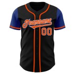 Maglia da baseball nera autentica bicolore arancione-blu personalizzata Maglia da baseball nera autentica bicolore arancione-blu personalizzata