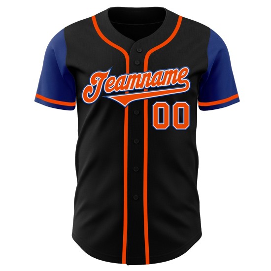 Maglia da baseball nera autentica bicolore arancione-blu personalizzata Maglia da baseball nera autentica bicolore arancione-blu personalizzata