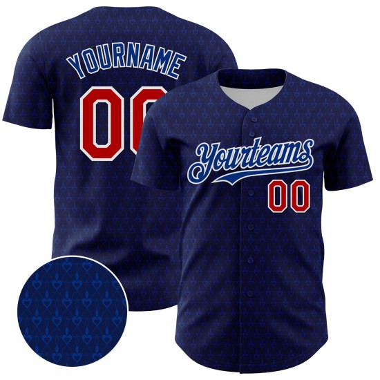 Maglia da baseball personalizzata in 3D con design autentico a cuori, rosso-blu navy Maglia da baseball personalizzata in 3D con design autentico a cuori, rosso-blu navy