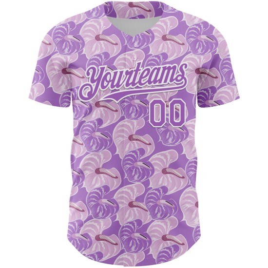 Maglia da baseball autentica bianca 3D con motivo floreale tropicale chiaro, design personalizzato Anthurium viola Maglia da baseball autentica bianca 3D con motivo floreale tropicale chiaro, design personalizzato Anthurium viola
