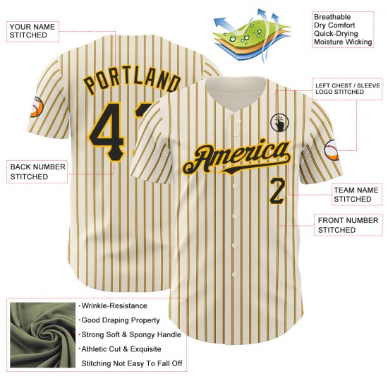 Maglia da baseball autentica Pinstripe personalizzata in oro e crema, nera e oro (maglia nera) Maglia da baseball autentica Pinstripe personalizzata in oro e crema, nera e oro (maglia nera)