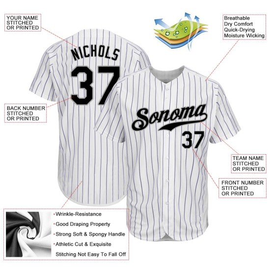 Maglia da baseball personalizzata autentica nera e grigia a righe bianche e viola Maglia da baseball personalizzata autentica nera e grigia a righe bianche e viola
