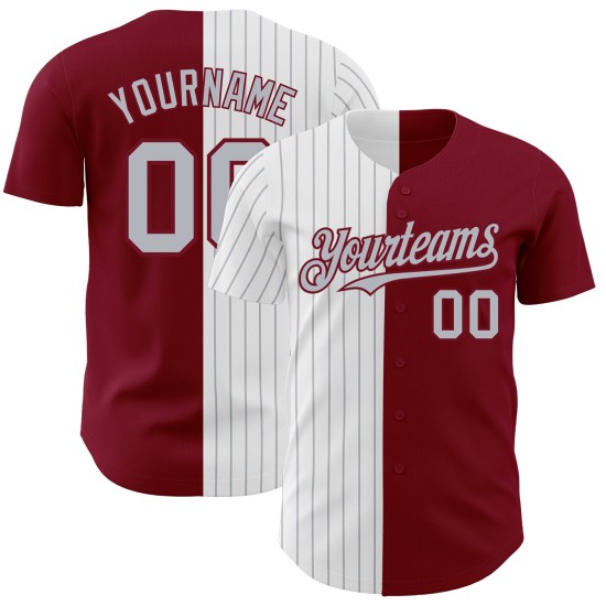 Maglia da baseball Split Fashion personalizzata Crimson Pinstripe autentica bianca-grigia Maglia da baseball Split Fashion personalizzata Crimson Pinstripe autentica bianca-grigia