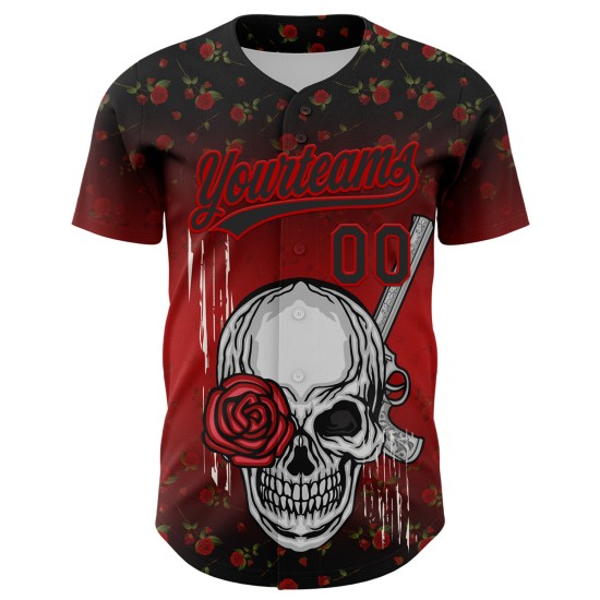 Maglia da baseball personalizzata con motivo gotico rosso 3D in stile rosa nera con teschio, autentica e con pistola Maglia da baseball personalizzata con motivo gotico rosso 3D in stile rosa nera con teschio, autentica e con pistola