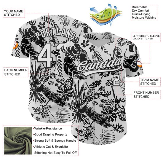 Maglia da baseball personalizzata autentica Jungle 3D con pianta bianca tropicale nera, Hawaii Maglia da baseball personalizzata autentica Jungle 3D con pianta bianca tropicale nera, Hawaii