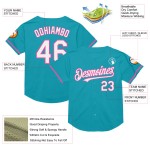 Maglia da baseball in rete verde acqua, personalizzata, autentica, bianca e rosa Maglia da baseball in rete verde acqua, personalizzata, autentica, bianca e rosa
