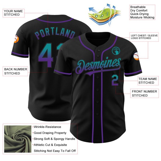 Maglia da baseball personalizzata sfumata verde acqua-viola, moda, nera, autentica Maglia da baseball personalizzata sfumata verde acqua-viola, moda, nera, autentica