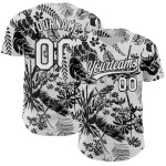 Maglia da baseball personalizzata autentica Jungle 3D con pianta bianca tropicale nera, Hawaii Maglia da baseball personalizzata autentica Jungle 3D con pianta bianca tropicale nera, Hawaii