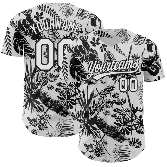 Maglia da baseball personalizzata autentica Jungle 3D con pianta bianca tropicale nera, Hawaii Maglia da baseball personalizzata autentica Jungle 3D con pianta bianca tropicale nera, Hawaii