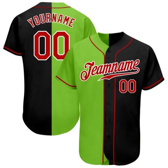 Maglia da baseball autentica personalizzata nera e verde, stile split rosso-neon Maglia da baseball autentica personalizzata nera e verde, stile split rosso-neon