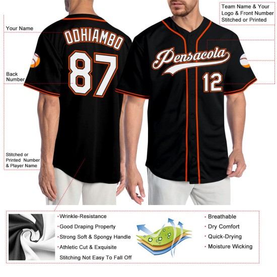 Maglia da baseball personalizzata autentica nera bianca-arancione Maglia da baseball personalizzata autentica nera bianca-arancione