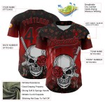 Maglia da baseball personalizzata con motivo gotico rosso 3D in stile rosa nera con teschio, autentica e con pistola Maglia da baseball personalizzata con motivo gotico rosso 3D in stile rosa nera con teschio, autentica e con pistola
