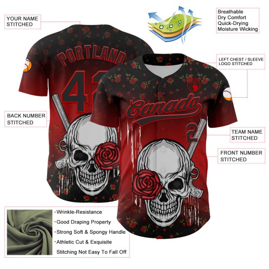 Maglia da baseball personalizzata con motivo gotico rosso 3D in stile rosa nera con teschio, autentica e con pistola Maglia da baseball personalizzata con motivo gotico rosso 3D in stile rosa nera con teschio, autentica e con pistola