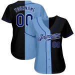 Maglia da baseball personalizzata autentica Royal-Light, nera e blu, stile Split Maglia da baseball personalizzata autentica Royal-Light, nera e blu, stile Split