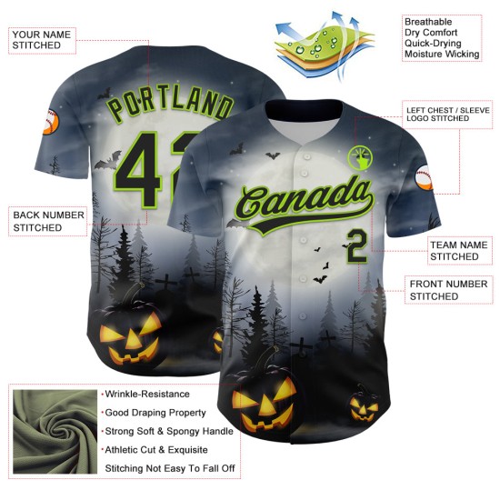 Maglia da baseball personalizzata 3D con motivo verde Halloween autentico grigio nero-neon Maglia da baseball personalizzata 3D con motivo verde Halloween autentico grigio nero-neon