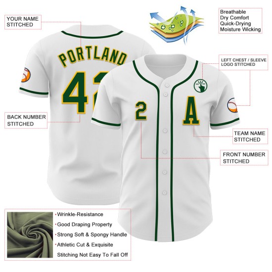 Maglia da baseball autentica bianca personalizzata verde-oro Maglia da baseball autentica bianca personalizzata verde-oro