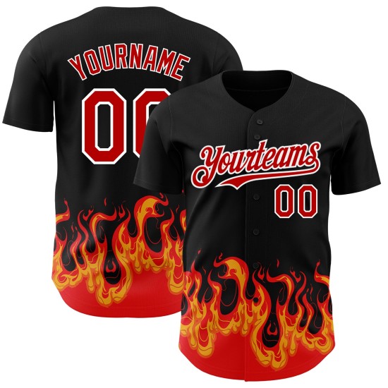 Maglia da baseball personalizzata con motivo 3D nero fiamma autentico rosso-bianco Maglia da baseball personalizzata con motivo 3D nero fiamma autentico rosso-bianco