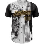 Maglia da baseball con motivo personalizzato "Old Christ" in bianco, nero e oro, con disegno 3D di Gesù. Maglia da baseball con motivo personalizzato "Old Christ" in bianco, nero e oro, con disegno 3D di Gesù.