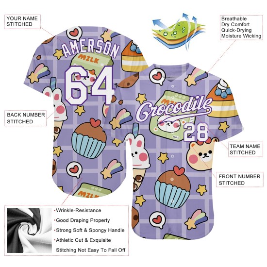 Adesivo con motivo 3D personalizzato, motivo fumetti viola, maglia da baseball autentica bianco-viola Adesivo con motivo 3D personalizzato, motivo fumetti viola, maglia da baseball autentica bianco-viola